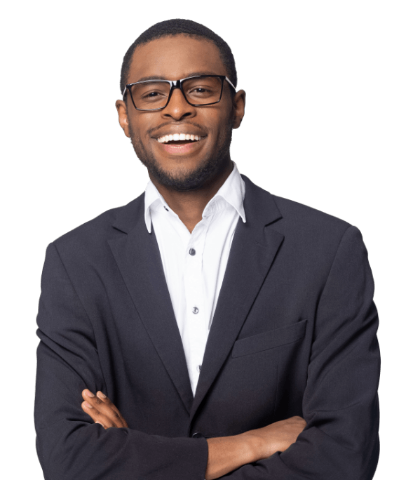 Man with black plastic framed glasses smiling