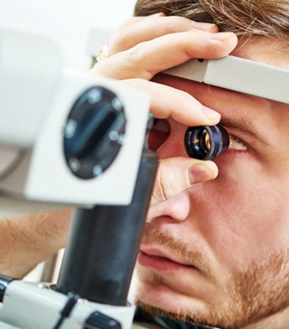 Man visiting his optometrist in Belmont, MA