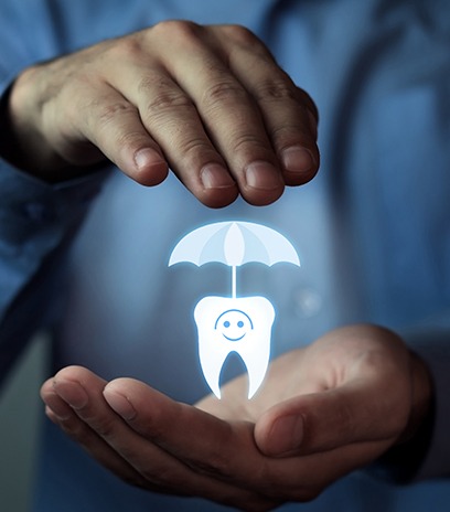 Hands holding animated tooth under an umbrella